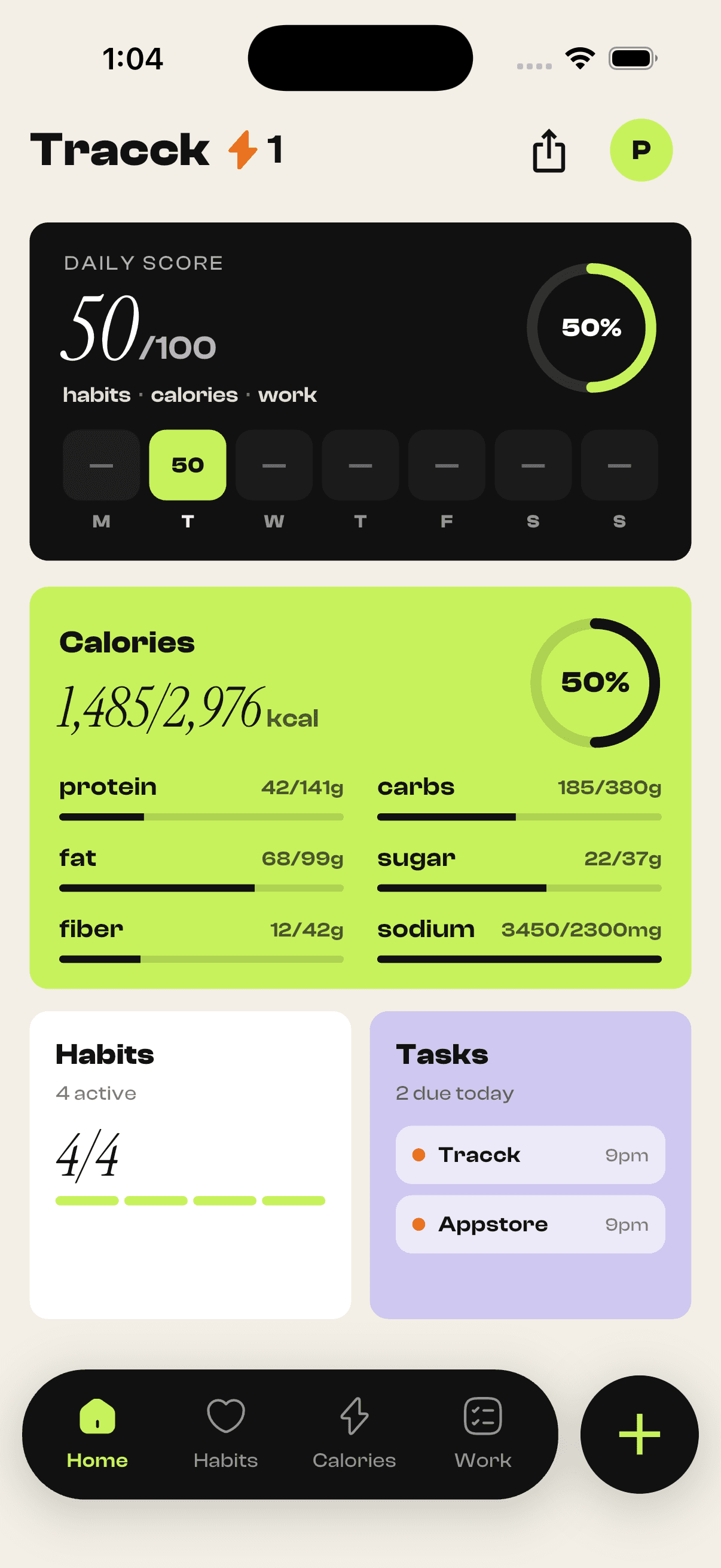 tracck home dashboard showing habits, calories and work in one place