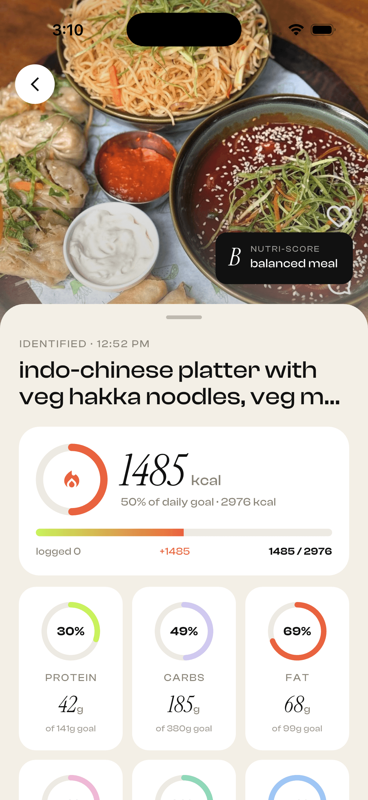Calorie and macro breakdown from a scanned meal photo