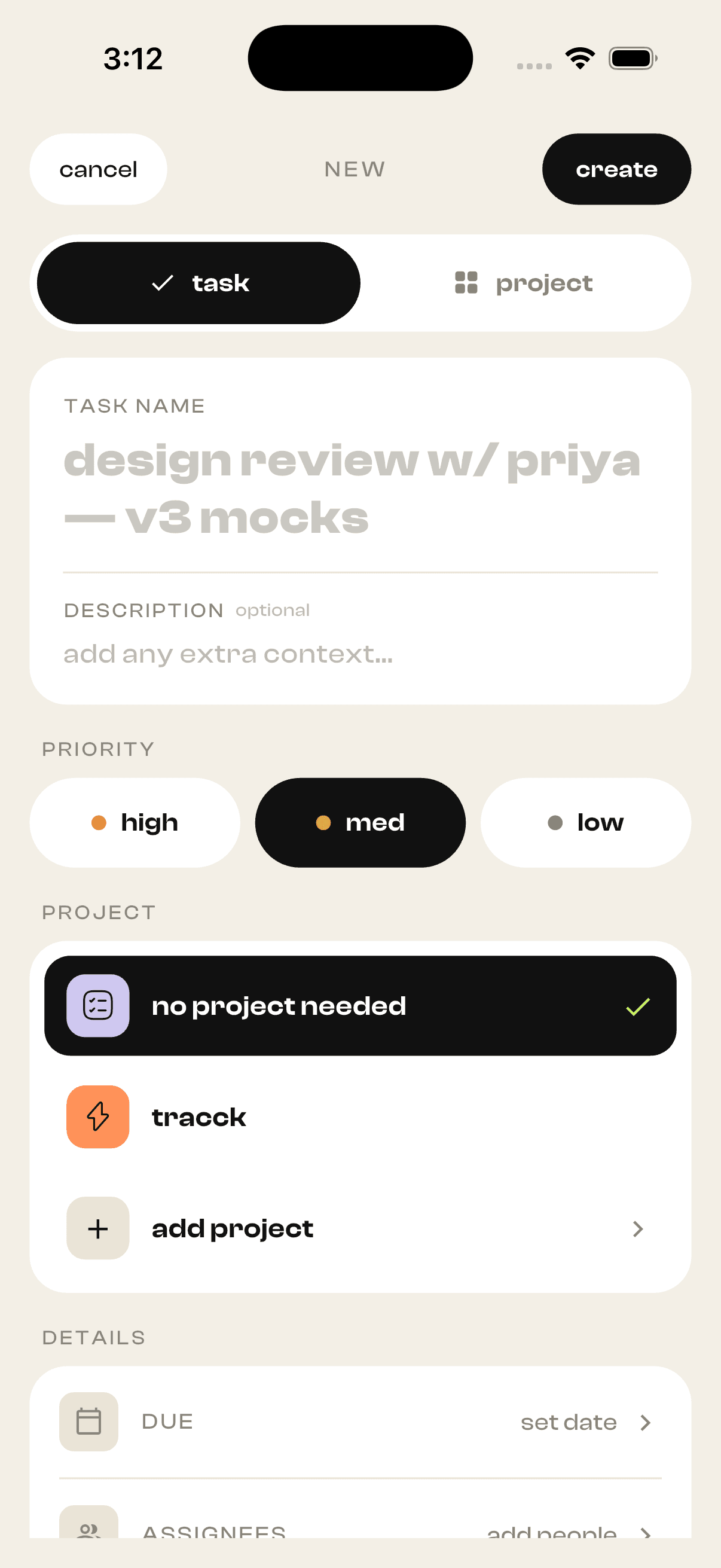 Creating a new work task in tracck